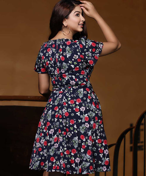 Front Tie Printed Flutter Sleeved Dress